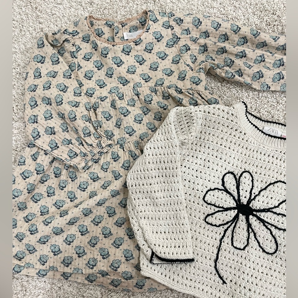 Zara Cream Floral Dress and Knit Top Set with Blue Flowers
